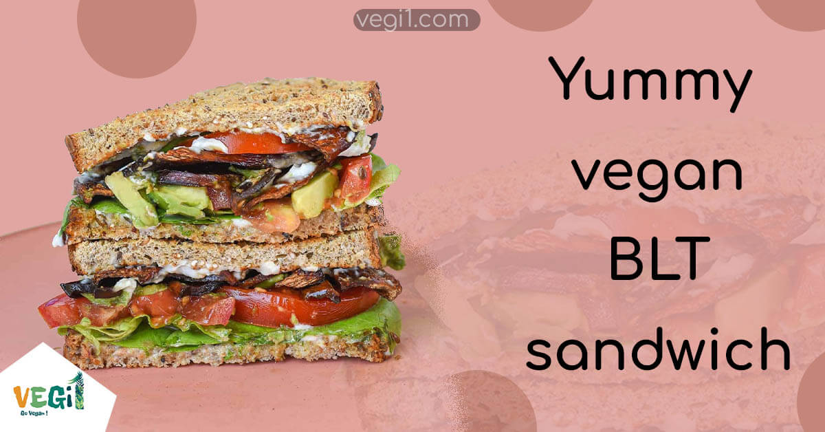 Vegan BLT sandwich with tempeh bacon, lettuce, tomato, and vegan mayo