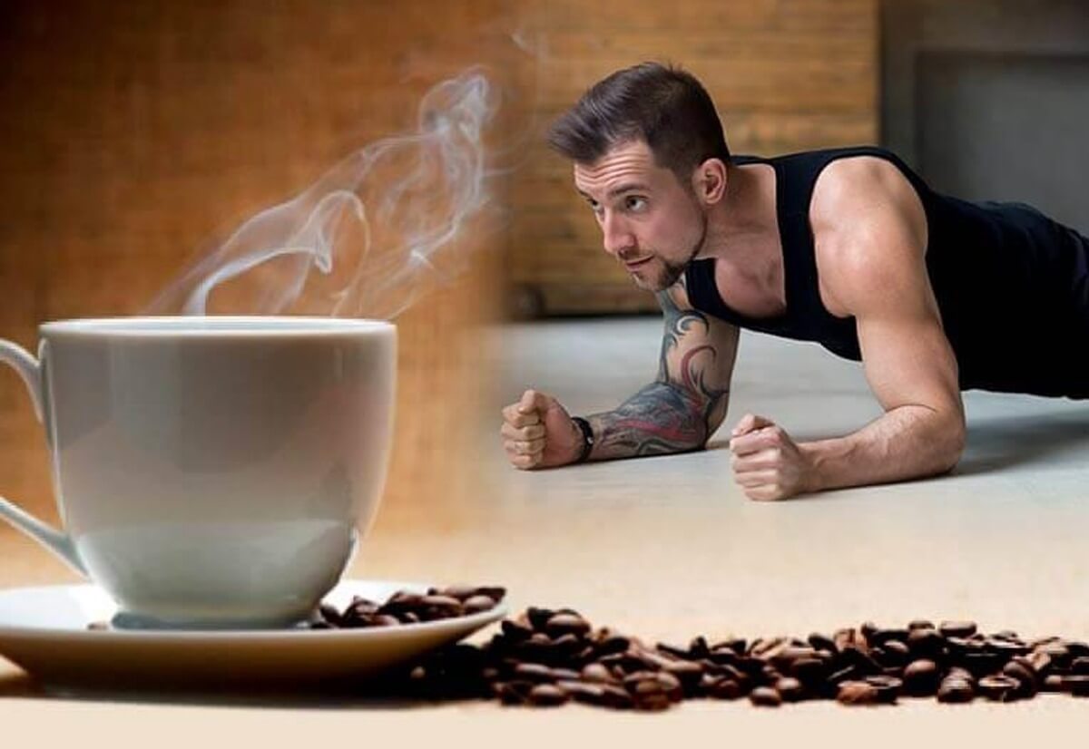 Do vegans drink coffeeو Athletic man and a cup of vegan coffee