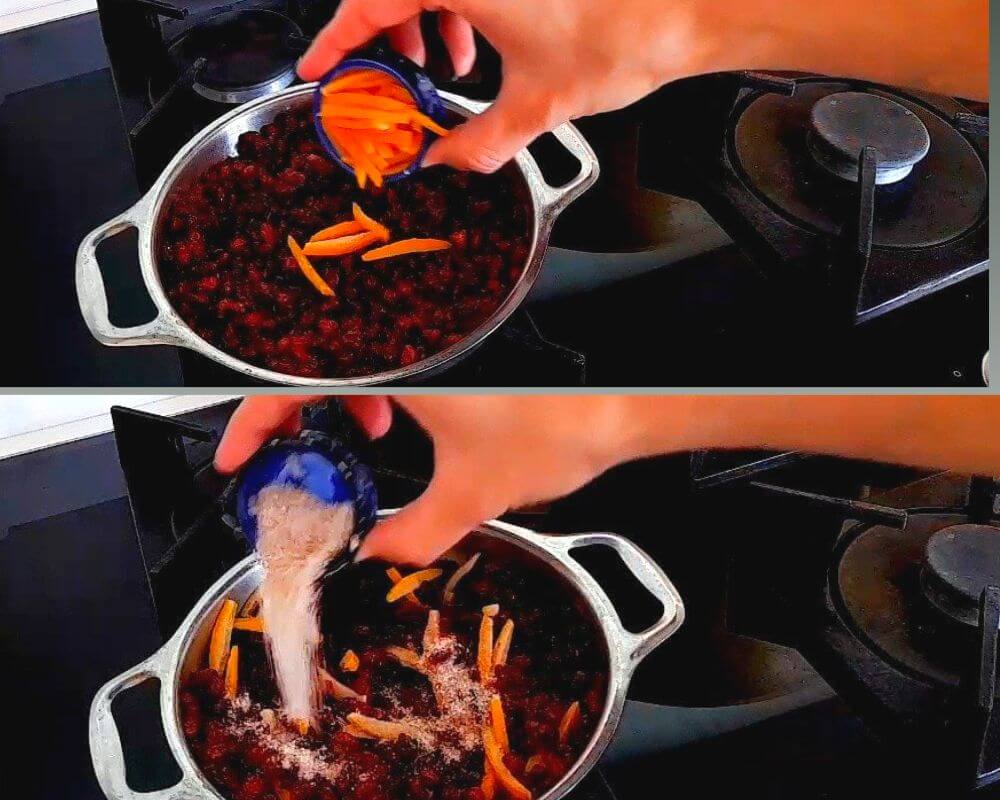 Combine orange peel and brown sugar with the barberries in the pan.