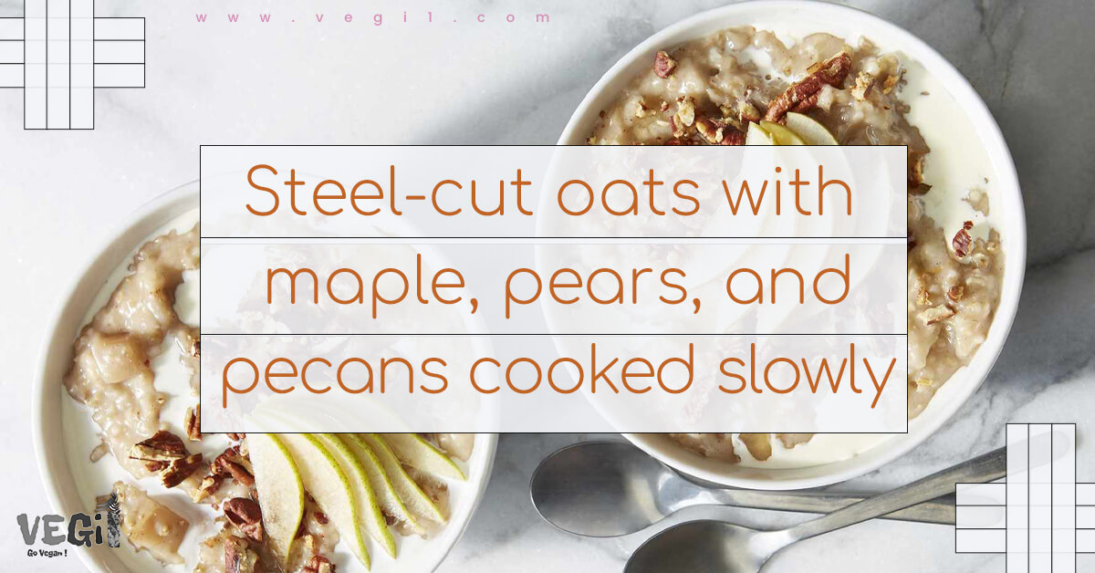 Fuel your day with this protein-rich vegan breakfast that's packed with calories and flavor. Slow-cooked steel-cut oats are topped with maple syrup, pears, and pecans for a satisfying meal that will help you gain weight.