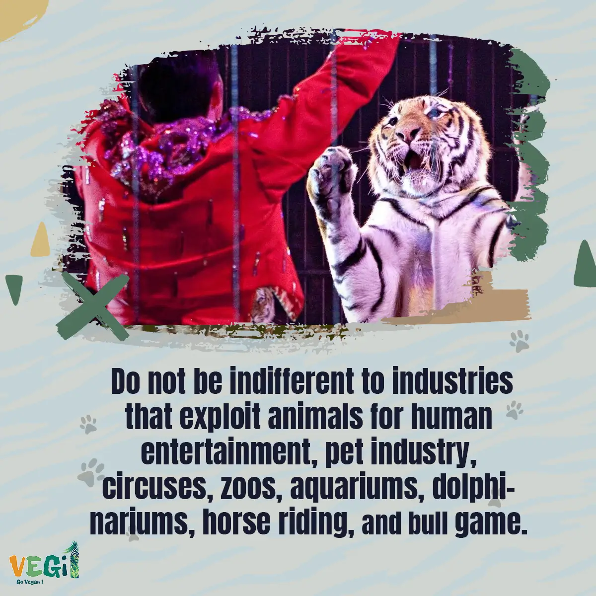 Do not be indifferent to industries that exploit animals for human entertainment, pet industry, circuses, zoos, aquariums, dolphinariums, horse riding, and bull game.