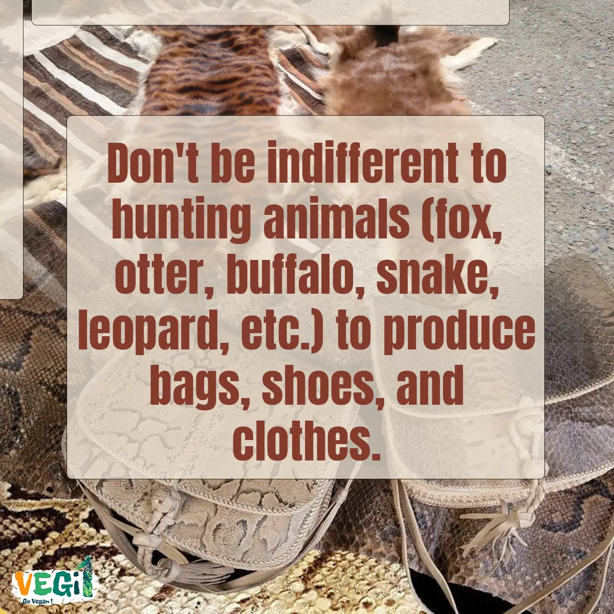 Don't be indifferent to hunting animals (fox, otter, buffalo, snake, leopard, etc.) to produce bags, shoes, and clothes.
